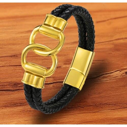Trendy Charm Woven stainless steel Gold Magnet Rope Leather Bracelets Men Black Bangle Luxury Jewelry