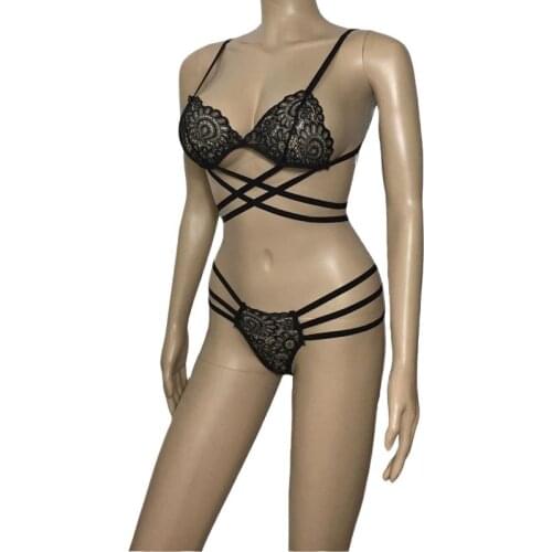 Fashion Sexy Lingerie Set Body Strap Sheer Floral Lace Harness Cage Bra Top Bralette and Thong Bikini Gothic Punk Underwear