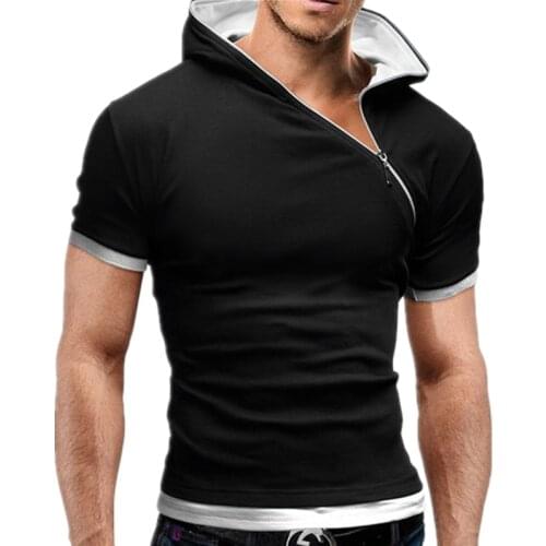 2021 New Mens Zipper Shirt Tops Tees Summer Cotton V Neck Short Sleeve T Shirt Men Fashion Hooded Slim T Shirts