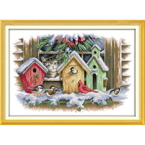 Joy Sunday Kittens Animal Cross Stitch Kit, Window Bird House Winter bird landscape diy handmade embroidery paintings