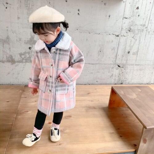 Yellow/pink 2019 winter new Baby Girl Fashion Plaid coat girls kids Fur Collar Cotton Padded Warm Long Coats Childrens Clothing
