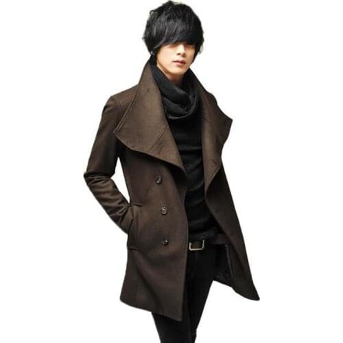 Plain Color Single Breasted Autumn Wool Peacoat Streetwear Fashion Topcoat Long Sleeve Coat Men Winter Blend Tweed Jacket XXL