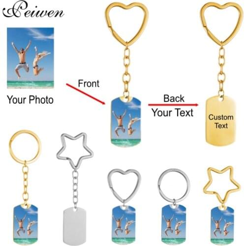 Personalized Custom Photo Text Keychain Stainless Steel Engrave Name Date Heart Star Round Key Ring Gold Pendant Key Chain DIY