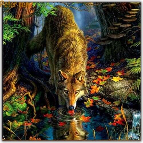 Full Square\Round Drill Mosaic icon DIY Diamond Painting Cross Stitch Diamond Embroidery Animals Home Decoration Drinking Wolf