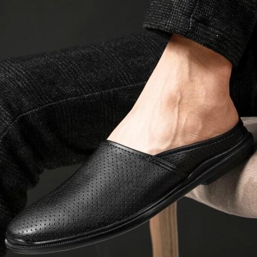 Luxury Design Half Shoes for Men Leisure Breathable Genuine Leather Mens Shoes Summer Slippers Men Loafers Slip-on Flip Flops