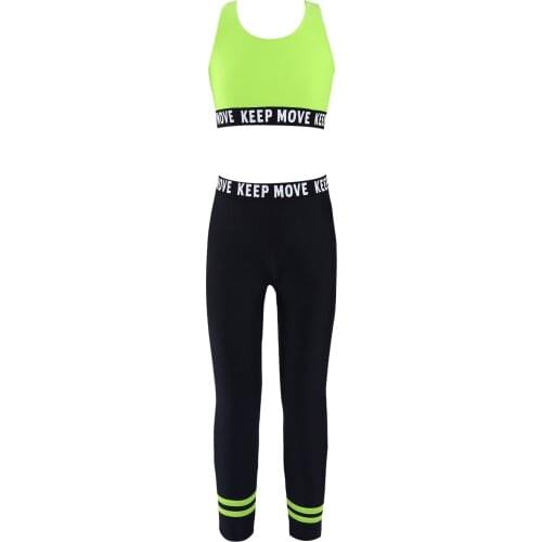 Kids Girls Dance Sport Suit Sportwear Straps Cross at Rear Print Crop Vest and Pants Set Sportswear for Running Gym Yoga Workout