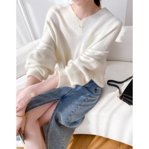 [ZAYAU]V-Neck Sweater womens Autumn and Winter New Loose Casual Pullover Solid White Knitted Soft Waxy Thin Top