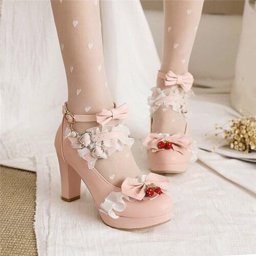 YMECHIC 4 Colors Cosplay Chocola Vanilla Maid Pumps Lolita Shoes Maidservant White Beige Black Pink High Heels Bow-knot 2022 New
