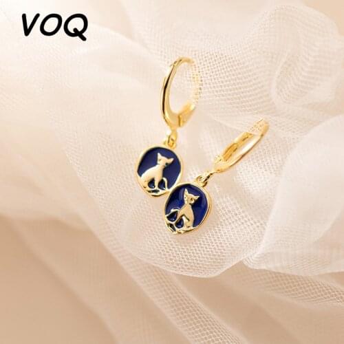 VOQ 925 Sterling Silver Simple Punk Cat Ear Buckle Female Blue Oval Short Earrings Party Earrings Jewelry 2021