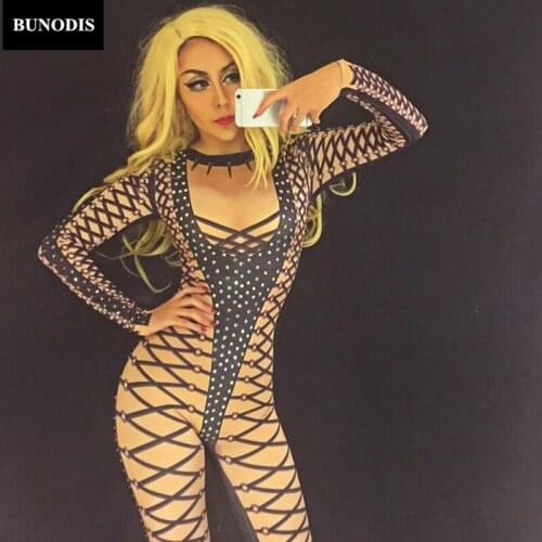 ZD011 Black Line Sexy Jumpsuit Sparkling Crystals Bodysuit Nightclub DJ DS Singer Clothing Stage Wear Costume Women Sexy Clothed