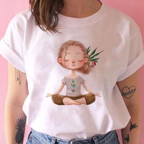 2021 Women T Shirt Cute Cartoon Girl Meditation Printed Breathable Simplicity Short Sleeve Creative Street Autumn Clothes