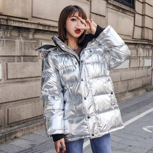 2021 Autumn Winter Removable Hooded Female Shiny Silver Cotton Padded Outerwear Women Long Sleeve Thick Warm Parka Cotton Jacket