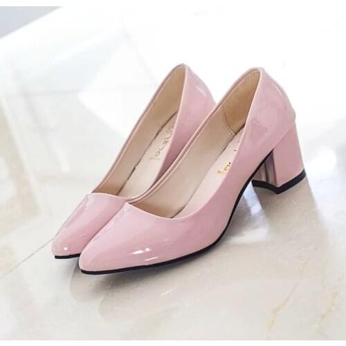 2020 New Women Pumps Black High heels 7.5cm Lady Patent leather Thick with Autumn Pointed Single Shoes Female Sandals Big 33-43