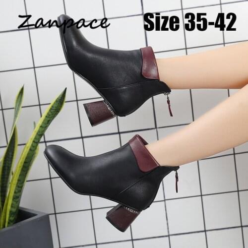 Zanpace Women Boots 2019 Leather Ankle Boots for Women Spring High Heel 5.5cm Women Shoes Black Autumn Zip Zapatos De Mujer