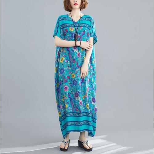 Short Sleeves Womens Bohemian Dress Loose Printed V Neck Summer Style X-Long Boho Dresses Sexy Female Maxi Dress Vestidos K1430