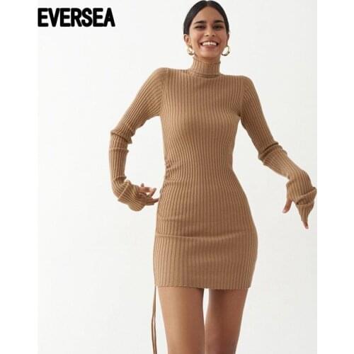 Women Autumn Winter Skinny High Neck Dress Women Khaki or Black Long Sleeve Drawstring Fashion One Piece