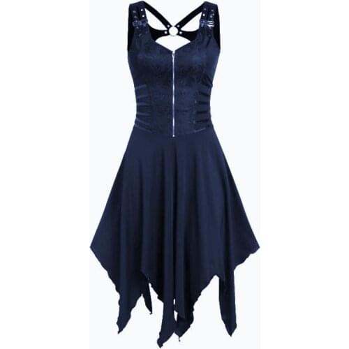 Medieval Vintage Womens Gothic Punk Sleeveless Strap Sling Dress Elegant Irregular Hollow Cross Strap Strap Solid Color Dress