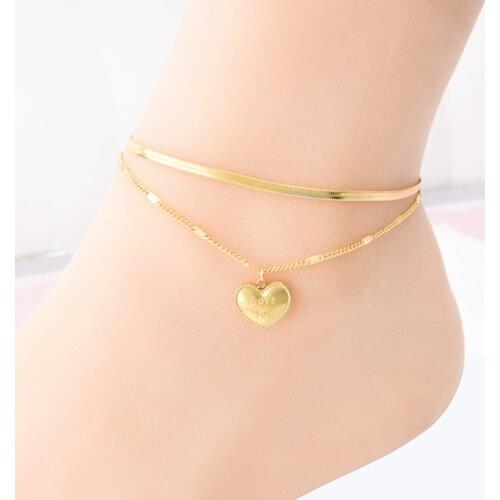 316L Stainless Steel New Fashion High-end Jewelry Carving Love You Heart Shape Charm 2 Layer Snake Bone Chain Anklet For Women