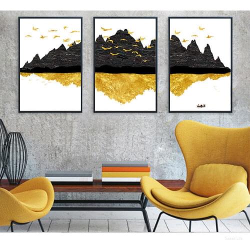 Abstract Gold and Black Mountains Birds Canvas Paintings Posters Prints Modern Wall Art Pictures For Living Room Aisle Decor