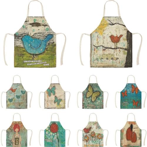 Butterfly Bird Girl Lumbar Kitchen Aprons for Woman Man Home Cooking Baking Shop Cleaning Cotton Linen Apron WQ1482