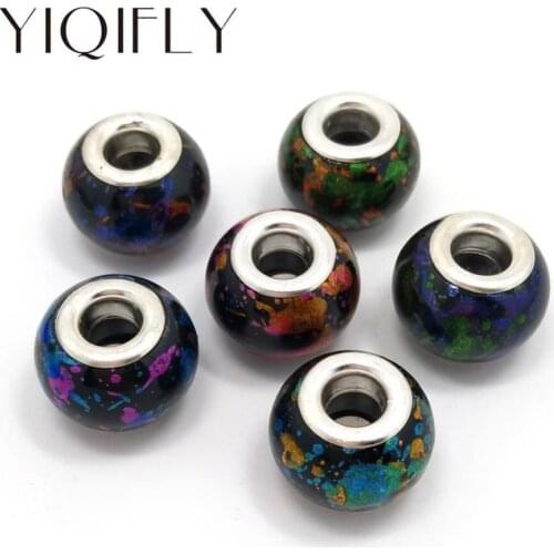 Free Shipping 50pcs 15mm silver plated core Big Hole Black Glass Beads fit European Jewelry Bracelet Charms DIY