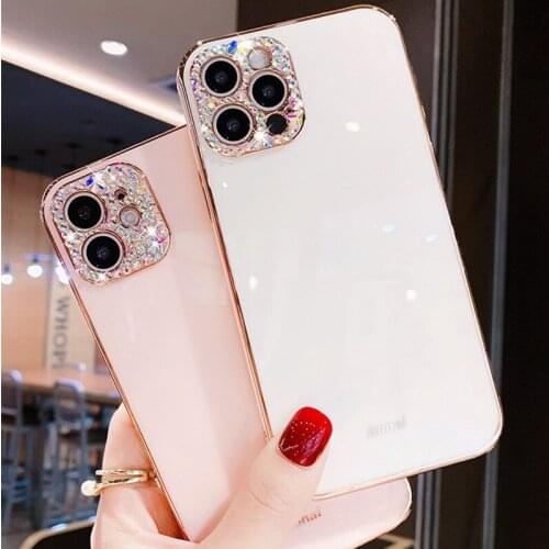 Bling Rhinestones Diamond Camera Case For iPhone 11 12 Pro Max 12 Mini X XR XS 7 8 Plus Case Shockproof Gold Plating Soft Cover