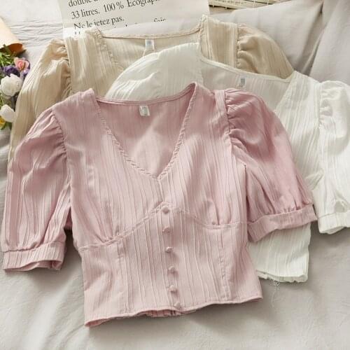 Women blouse 2021 summer Korean V-neck high waist short chiffon shirt womens short sleeve tops trend