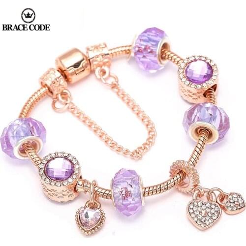 BRACE CODE Antique Rose Gold Charm Bracelet & Bangle With Love Heart Crystal Ball Women Beads Brand Bracelets Wedding Jewelry