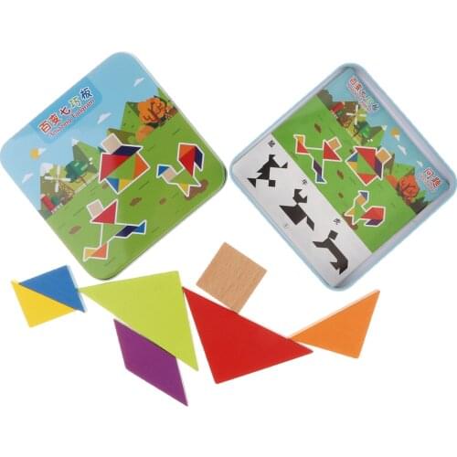 Metal Box Wooden Jigsaw Puzzle Blocks Stacking Kids Educational Toy -Tangram