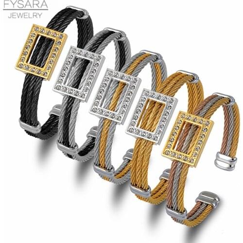 FYSARA Multirope Cuff Bracelets Stainless Steel Cable Wire Bracelets With Square Crystals Bangles Lover Jewelry Open Pulseiras