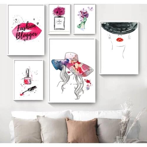 Perfume Lip Makeup High Heeled Shoes Hats Girls Pashion art Posters Modern Living Room Furniture Decorative Wall Painting
