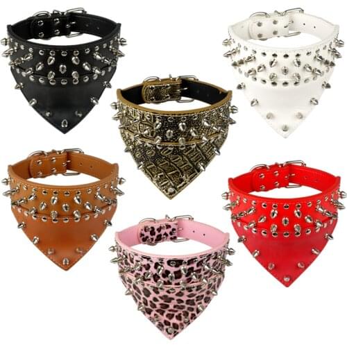 Leather Dog Bandana Scarf Bibs Collar Spikes Spiked Dog Collar Leather Pet Dogs Collar For Medium Large Pet Pitbull Mastiff