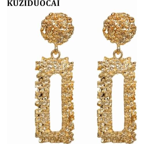 Kuziduocai New Fashion Jewelry Punk Bohe Retro Metal Geometry Emboss Flowers Dangle Square Statement Drop Earrings For Women
