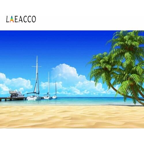 Laeacco Summer Seaside Beach Palms Sailboat Scene Photo Background Decor Portrait Vinyl Photocall Photography Backdrop Studio