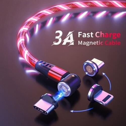 3A Magnetic Flow Luminous Lighting Charging Mobile Phone Cable Cord Charger Wire For Samaung LED Micro USB Type C For iPhone