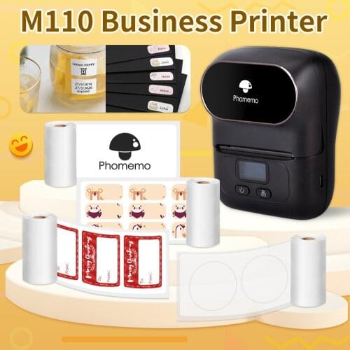 Phomemo M110 Thermal Label Printer Wireless Portable Label Maker Machine Barcode Labeler for Business With 2 Rolls Stickers
