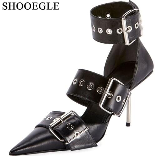 Fashion punk sandals 2019 women buckle strap gladiator sandal boots metal heel pumps sexy pointed toe high heels summer boots