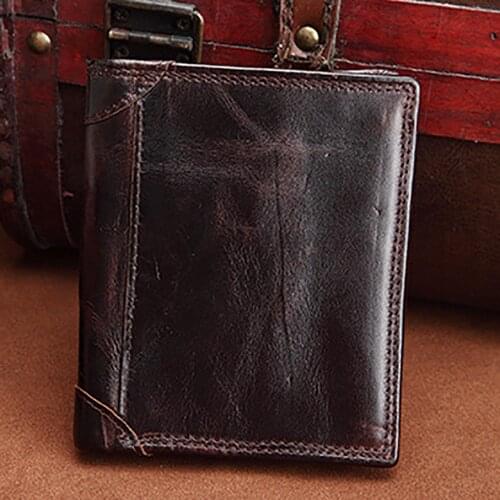 Genuine Leather Men Short Wallet Coin Pocket ID/Credit Card Holder Small Money Bag Famous Brand Oil Wax Cowhide Bifold Purse