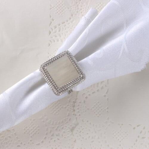 Modern Wedding Accents Shiny Silver Plating with Square Shape White Mother of Pearl Framed Alloy Napkin Rings Set of 12 Pieces