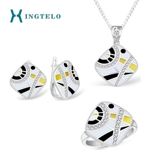XINGTELO 925 Silver Jewelry Set Square Earrings Pendant Ring Silver Chain for Woman Geometric Pattern CZ Jewelry for Engagement