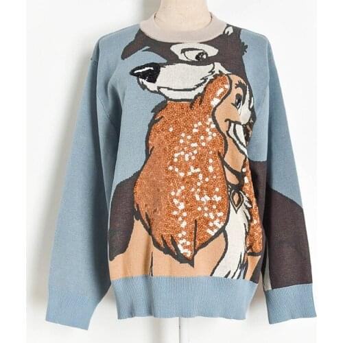 New 2020 Women Long Sweaters Knitted Thick O-neck Pullovers Luxury Sequins Cartoon Animal Outerwear Girls Casual Winter Sweater