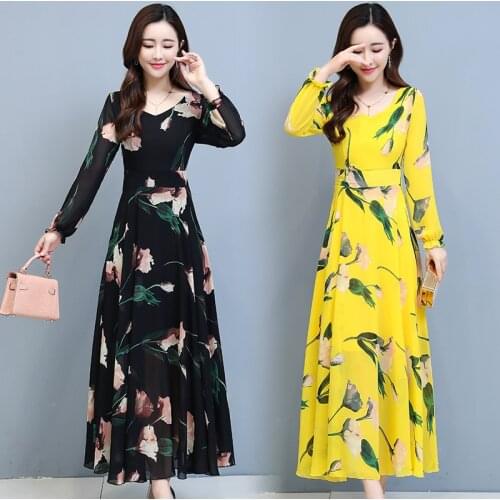 Autumn Winter Vintage Plus Size Boho Dress Floral Chiffon Long Sleeve Casual Beach Dress 2021 Women Bodycon Party Maxi Vestidos