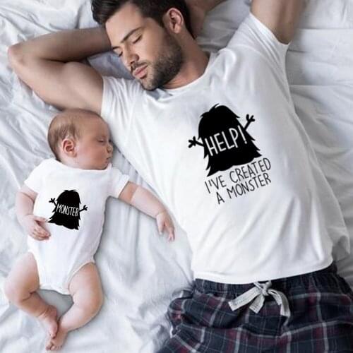 Father and Son Daughter Matching Clothes Family HELP I'VE CRATED A MONSTER Funny Letters Printed T Shirts LOVE Daddys QT-1926