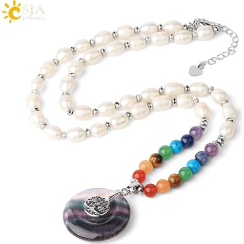 CSJA Oval Freshwater Pearls Necklace Natural Pearl 7 Chakra Stones Beaded Short Necklaces Amulet Pendant for Female Jewelry G460