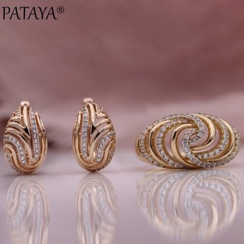 PATAYA New Hollow Drop Earrings Ring Sets 585 Rose Gold Natural Zircon Fashion Jewelry Set Women Wedding Party Luxury Fine Noble