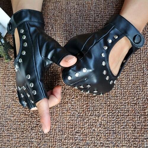 Fashion Women Fingerless Gloves With Studs Black Pu Leather Rivets Cosplay Performance Dance Gloves Riding Gloves Motorcycle