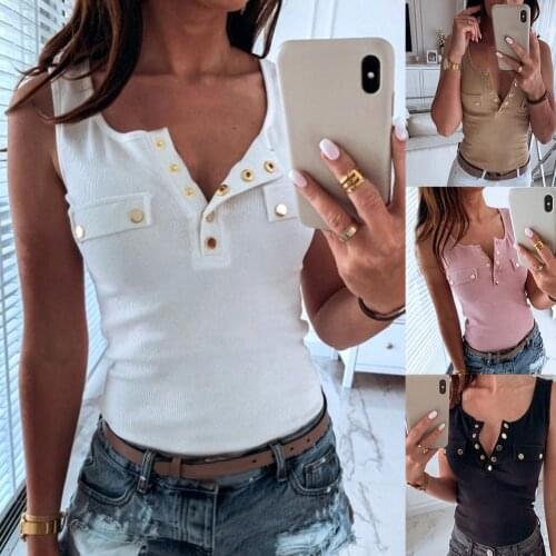 4XL Plus Size Casual Streetwear Summer Loose Blouse Sexy Solid Color V Neck Sleeveless Buttons Ribbed Slim Blouse Top Vest