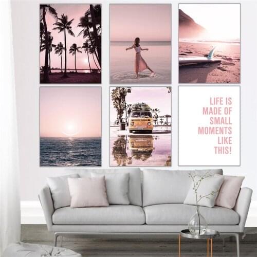 Nature Pink Style Scenery Nordic Canvas Painting Beach Landscape Picture Wall Art Poster and Print for Home Living Room Decor