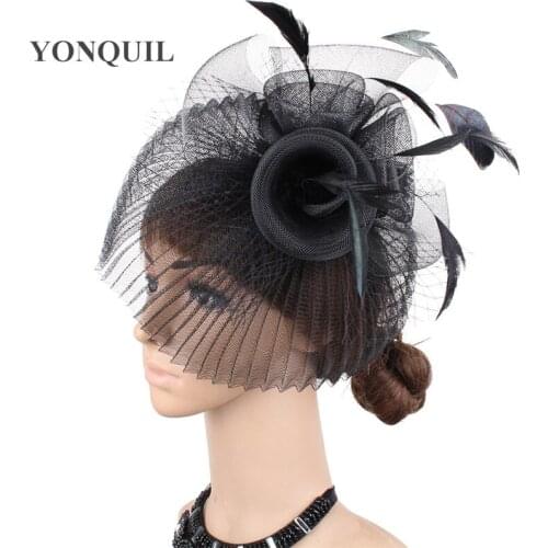 Wedding Women Mesh Fascinator Black Hats Elegant Ladies Party Tea Derby Married Hair Accessories Bridal Feather Headwear SYF476