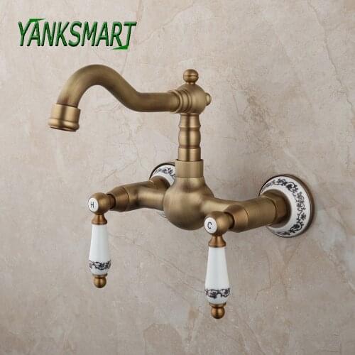 YANKSMART Antique Brass 360 Swivel Bathroom Faucet Wall Mounted Basin Sink Bathtub Faucets Ceramic Dual Handle Mixer Water Tap